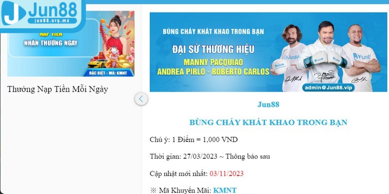 Khuyến mãi JUN88 - Tổng hợp những ưu đãi HOT tại nhà cái 2 Cơ hội nhận khuyến mãi JUN88 thưởng 3,5% trên tổng số tiền nạp mỗi ngày