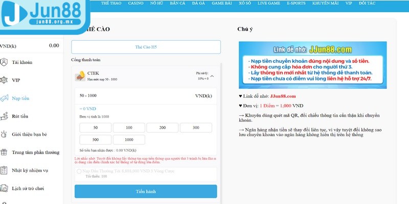 Nạp tiền JUN88 - Quy trình thanh toán siêu tiện và an toàn 3 Chi tiết cách nạp vốn qua thẻ cào hoàn toàn miễn phí cho bet thủ