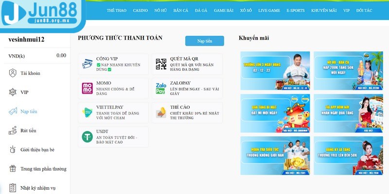 Nạp tiền JUN88 - Quy trình thanh toán siêu tiện và an toàn 1 Phương thức nạp tiền JUN88 trực tuyến siêu tiện lợi